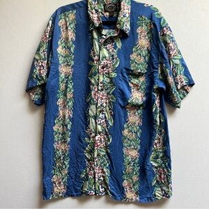 Hawaiian Blue Floral Silk Men's Button up Short Sleeve Shirt Sz M
